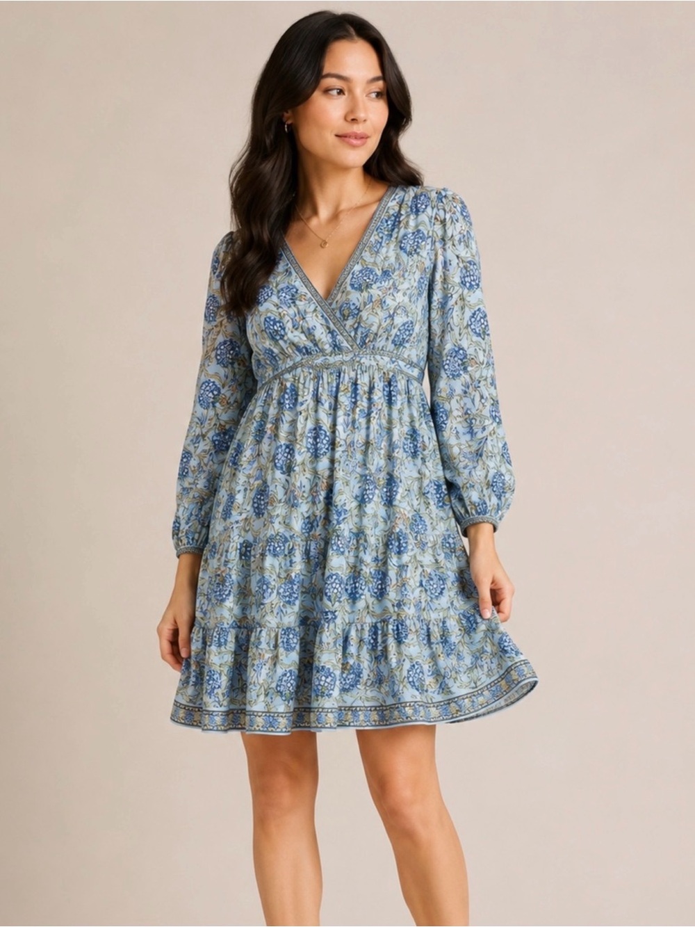 Max Studio Blue Floral Babydoll Mini Dress Boho Cottagecore Prairie Romantic